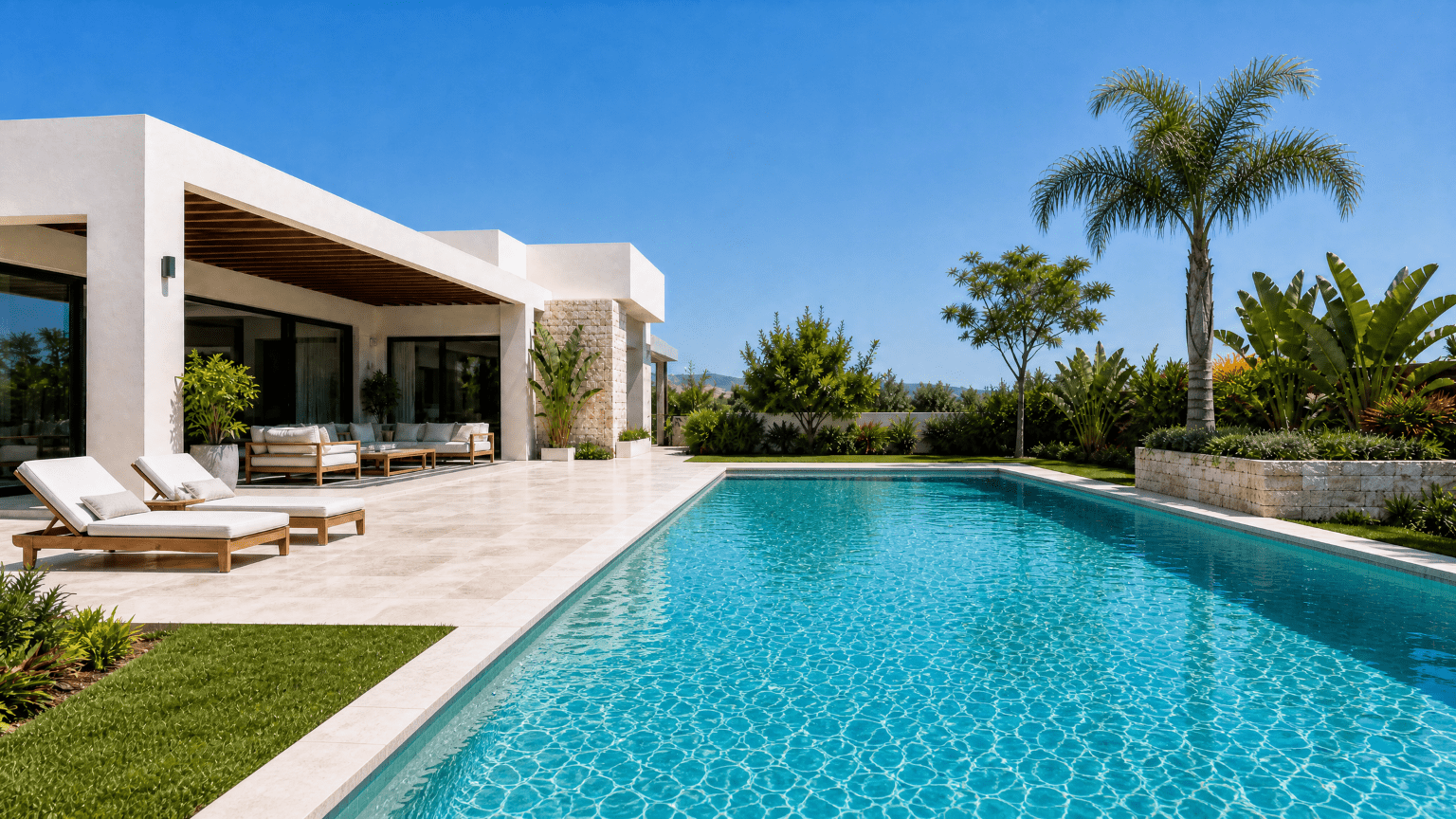 Piscina residencial com água cristalina tratada por gerador de cloro a base de sal Evoclor+
