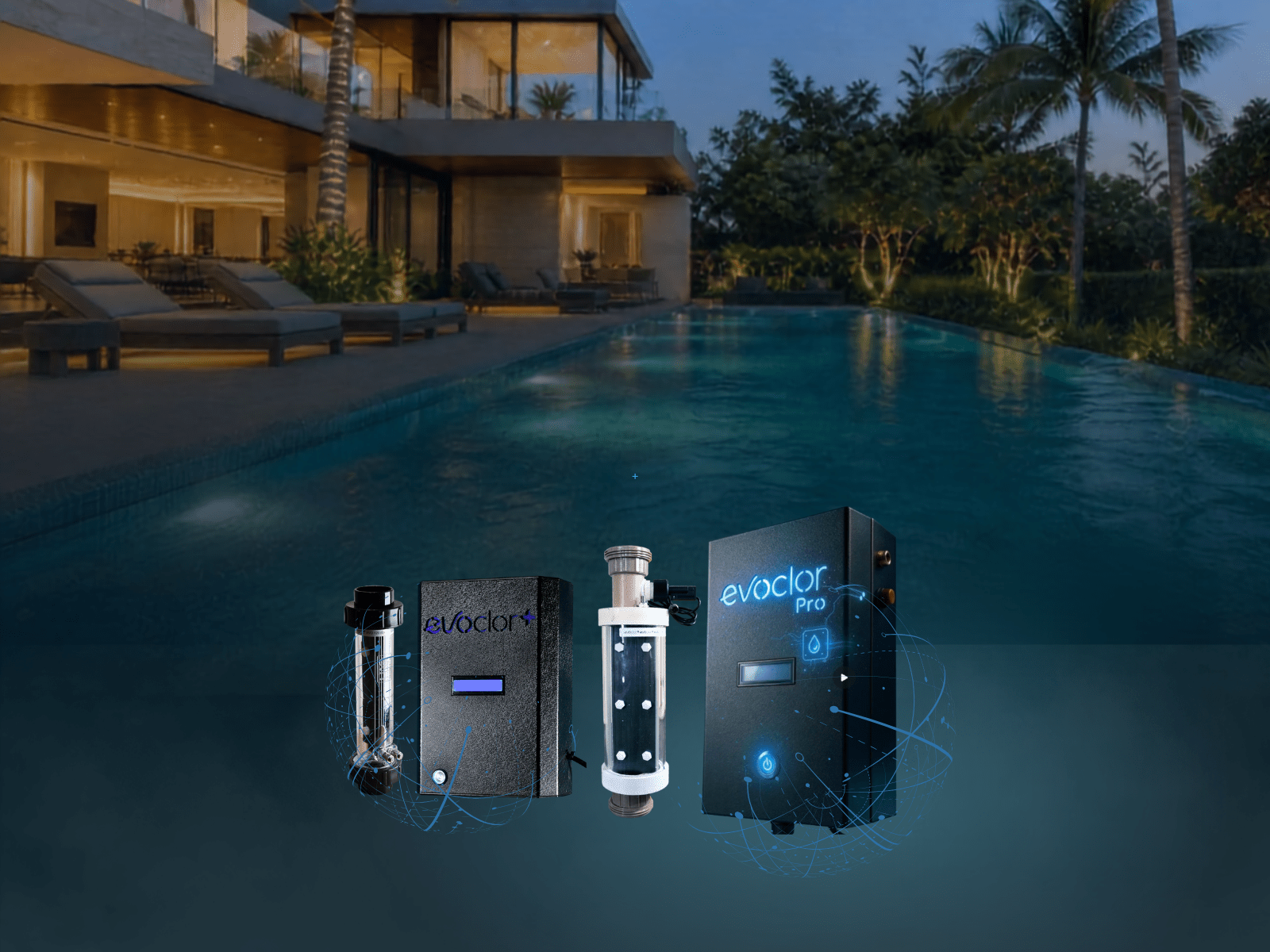 Geradores de cloro Evoclor da H2O — Evo 50+, Evo 80+ e Evoclor Pro para piscinas
