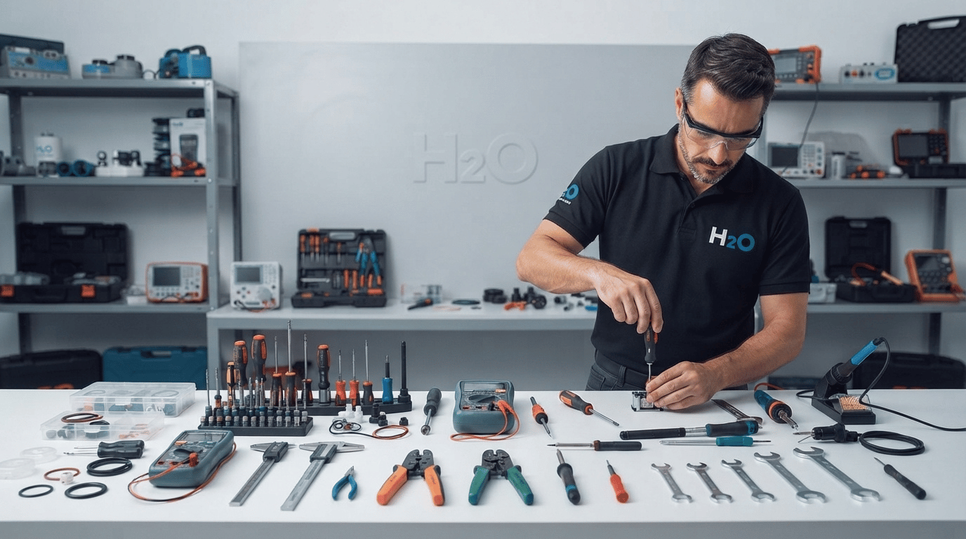Técnico da H2O fazendo manutenção de um gerador de cloro na bancada da assistência técnica